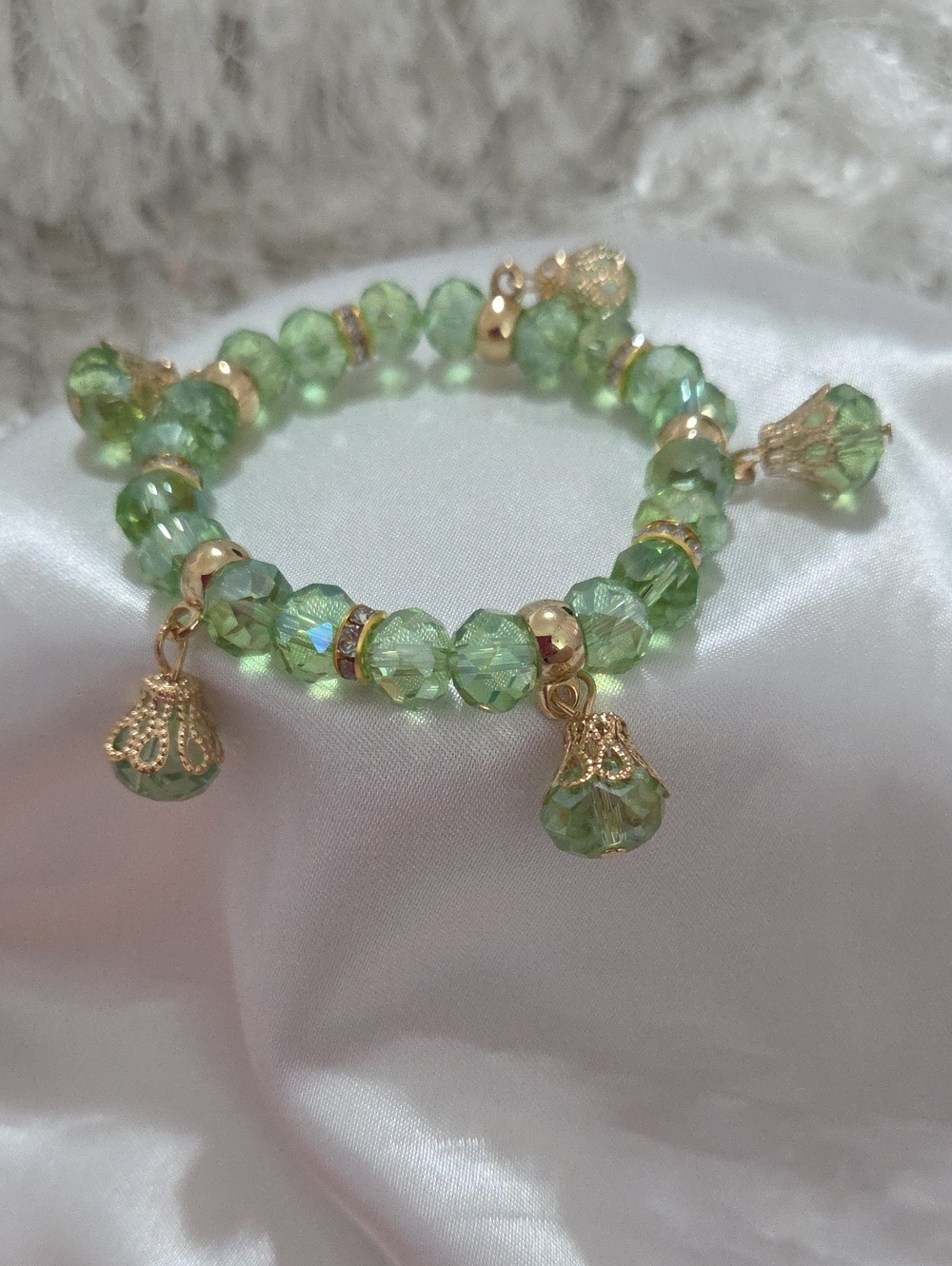 Green Crystal Charm Stretch Bracelet - Gold Accents